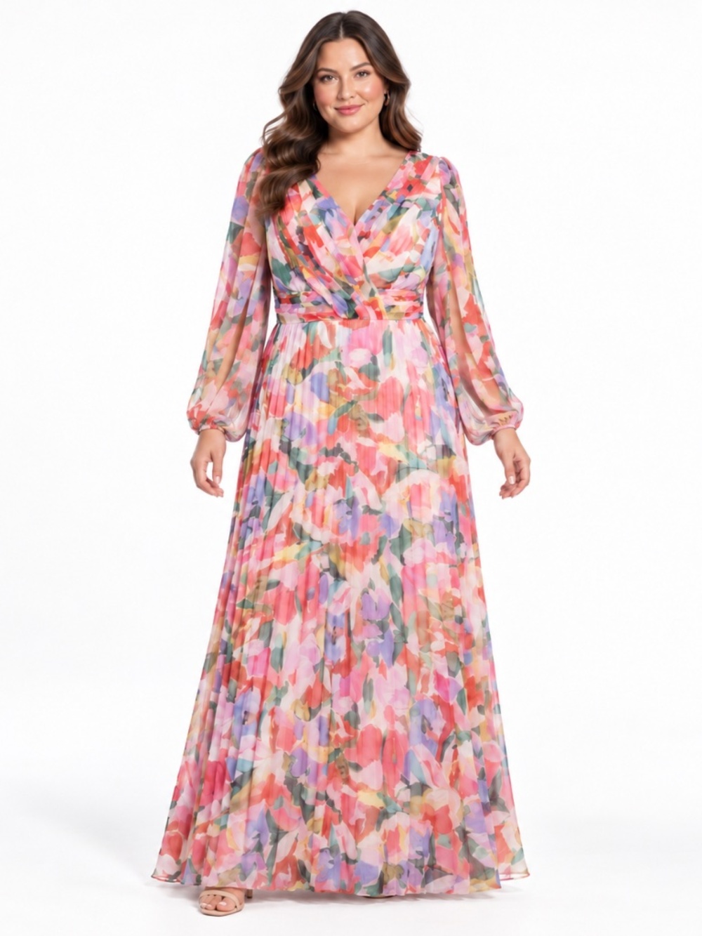Betsy & Adam - Floral Chiffon Pleated Long-Sleeve Gown